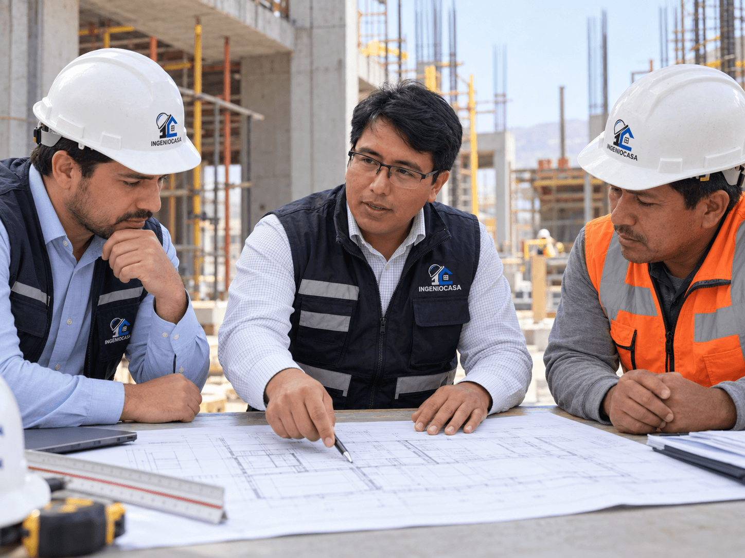 Gerente de Ingeniocasa junto al arquitecto y el maestro de obra revisando planos en una obra en construcción