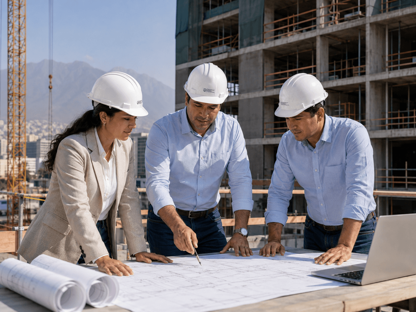 Equipo técnico revisando planos en obra — proyecto de Ingeniocasa